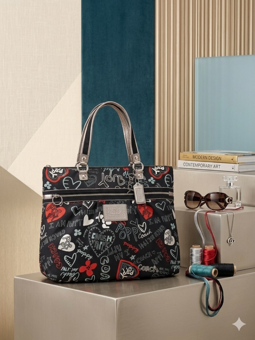 Coach Poppy Graffiti Glam Tote “I Am Poppy” Print Charm Shoulder Bag EUC - Picture 3 of 12